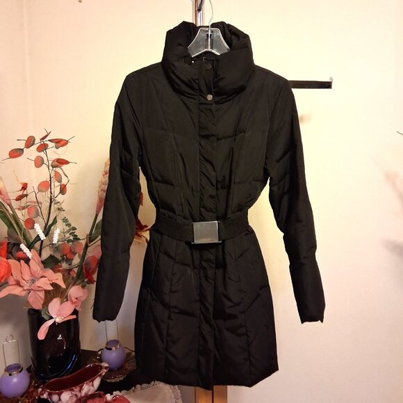 Preowned Zara Basic Black Warm Puffer Coat with Belt Windproof Outerwear - Picture 6 of 14